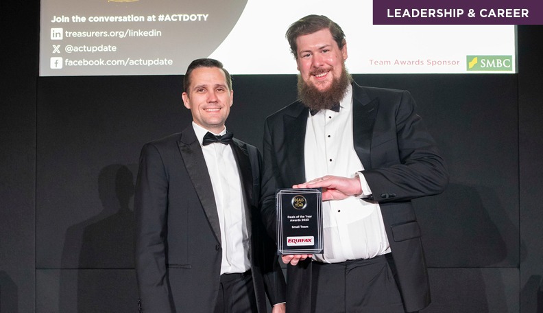 Paul Fannon (right) with Gabe Bonfield (Equifax treasurer) at this year’s Deals of the Year Awards