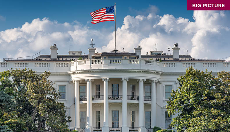 The US White House with American flag