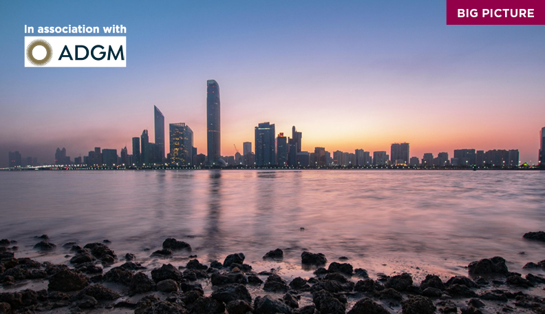 Abu Dhabi skyline with ADGM logo